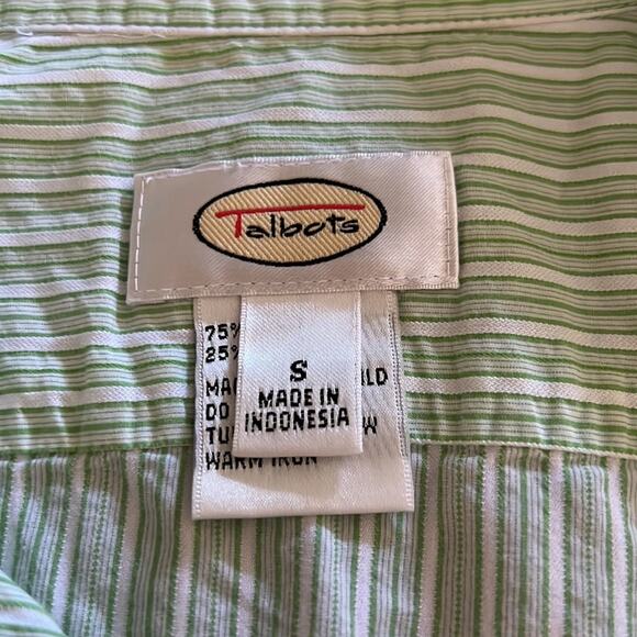 Talbots Green & White Striped Blouse Woman Size Small Button Up 3/4 Sleeves - Picture 5 of 8